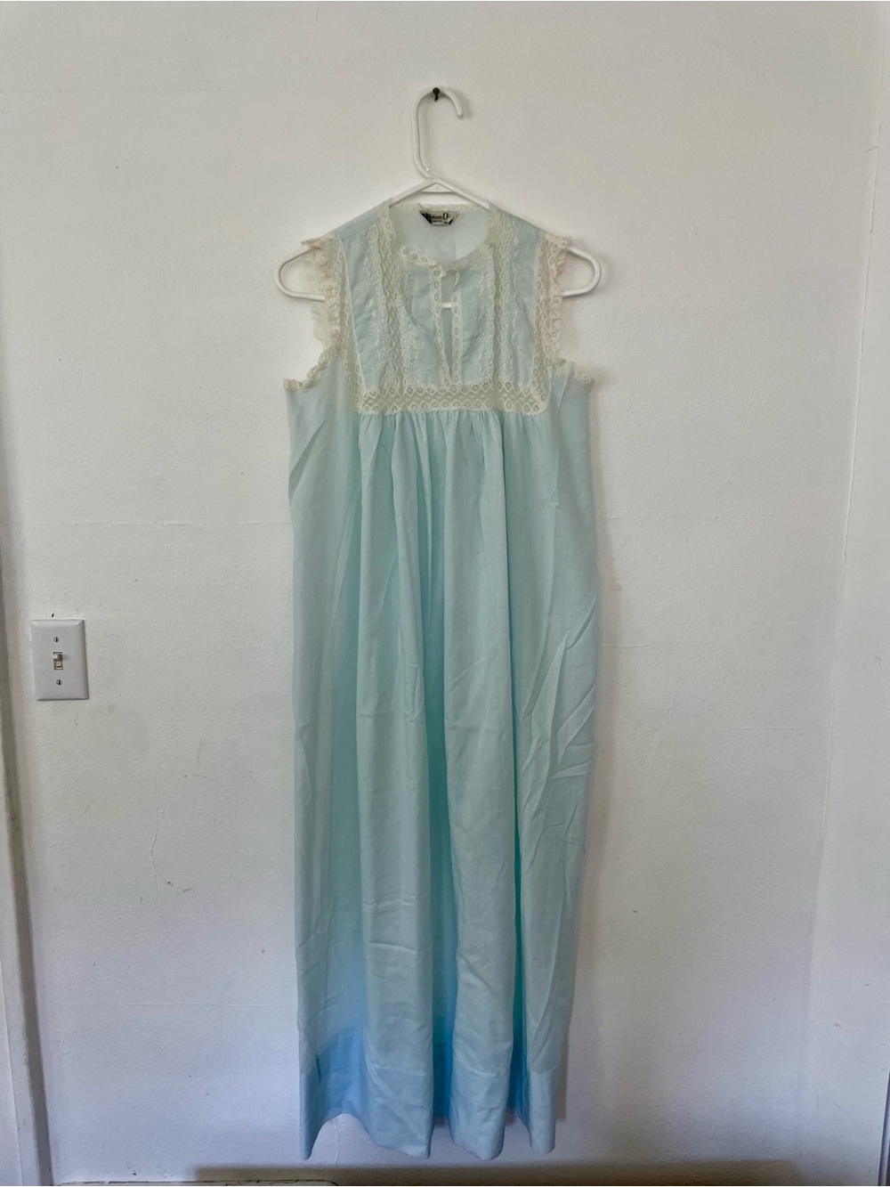 Vintage Christian Dior Blue Sleeveless Maxi Nightgown with Lace Yoke